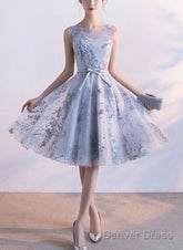 Light Grey Short Tulle With Applique Party Dress, Beautiful Homecoming Dresses