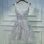 Light Grey Short V-Neckline Lace Applique Prom Dress, Grey Homecoming Dresses