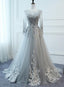 Light Grey Tulle Long Sleeves A Line Prom Dress, Grey Prom Dress