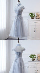 Light Grey Tulle With Lace Short Party Dresses Homecoming Dresses, Cap Sleeves Formal Dresses
