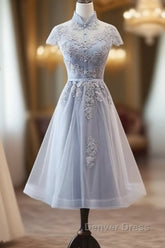 Light Grey Tulle With Lace Short Party Dresses Homecoming Dresses, Cap Sleeves Formal Dresses