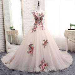 Light Pink Ball Gown Quinceanera Dresses With Flowers Embroidery, Pink Tulle And Organza Party Dresses