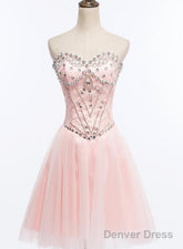 Light Pink Beaded Tulle And Lace Sweetheart Homecoming Dress, Pink Tulle Prom Dress