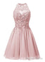 Light Pink Halter Chiffon Lace Applique Prom Dress, Handmade Prom Dresses