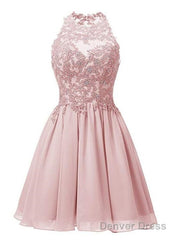 Light Pink Halter Chiffon Lace Applique Party Dress, Handmade Formal Dress