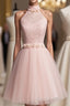 Light Pink Halter Tulle And Lace Lovely Knee Length Formal Dresses, Cute Party Dresses, Pink Prom Dresses