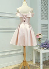 Light Pink Satin Knee Length Off Shoulder Party Dress, Short Pink Homecoming Dress
