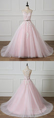 Light Pink Scoop Neck Lace Applique Formal Prom Dresses, Beaded Wedding Dresses