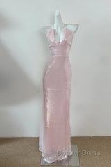 Light Pink V Neck Sheath Sequined Prom Dresses Birthday Dresses