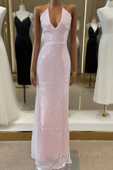 Light Pink V Neck Sheath Sequined Prom Dresses Birthday Dresses