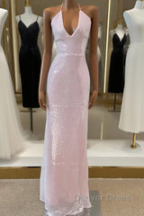 Light Pink V Neck Sheath Sequined Prom Dresses Birthday Dresses