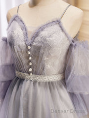 Light Purple A-Line Lace Tulle Short Prom Dress, Light Purple Homecoming