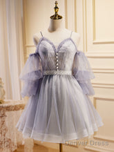 Light Purple A-Line Lace Tulle Short Prom Dress, Light Purple Homecoming