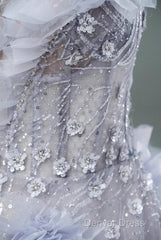 Light Purple A-Line Off-The-Shoulder Tulle Sequin Long Prom Dresses, Sweet Appliqu Beaded Evening Dresses