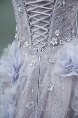 Light Purple A-Line Off-The-Shoulder Tulle Sequin Long Prom Dresses, Sweet Appliqu Beaded Evening Dresses