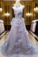 Light Purple A-Line Off-The-Shoulder Tulle Sequin Long Prom Dresses, Sweet Appliqu Beaded Evening Dresses