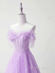Light Purple A-Line Sweetheart Tulle Formal Dresses, Light Purple Long Prom Dresses