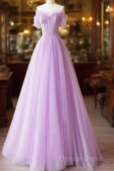 Light Purple A-Line Sweetheart Tulle Formal Dresses, Light Purple Long Prom Dresses