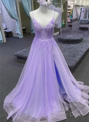 Light Purple A-Line Tulle With Lace Prom Dress, Light Purple Long Evening Dress
