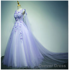 Light Purple Charming Tulle Sweet 16 Gown With Lace, Flowers Formal Dress