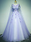 Light Purple Charming Tulle Sweet 16 Gowns With Lace, Flowers Prom Dresses