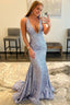Light Purple Deep V Neck Sequin Mermaid Prom Dresses