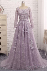 Light Purple Evening Dress Formal Party Gown,Round Collar Lace Prom Dress