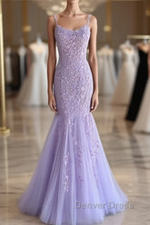 Light Purple Lace Mermaid Prom Dresses, Purple Lace Mermaid Formal Evening Dresses