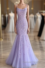 Light Purple Lace Mermaid Prom Dresses, Purple Lace Mermaid Formal Evening Dresses
