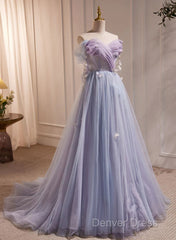 Light Purple Off Shoulder Sweetheart Long Formal Dresses, Light Purple Tulle Prom Dresses