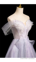 Light Purple Off Shoulder Tulle Long Party Dress, A-Line Light Purple Prom Dress