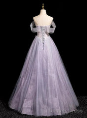 Light Purple Off Shoulder Tulle Long Party Dress, A-Line Light Purple Prom Dress