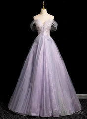 Light Purple Off Shoulder Tulle Long Party Dress, A-Line Light Purple Prom Dress