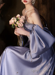 Light Purple Satin Beaded Off Shoulder Prom Dress, Light Purple Evening Dress