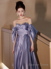 Light Purple Satin Beaded Off Shoulder Prom Dress, Light Purple Evening Dress