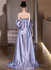 Light Purple Satin Beaded Off Shoulder Prom Dress, Light Purple Evening Dress