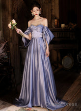 Light Purple Satin Beaded Off Shoulder Prom Dress, Light Purple Evening Dress