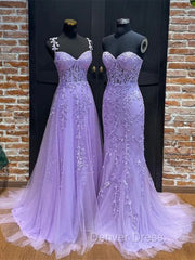 Light Purple Sweetheart Lace Long Formal Gown, Purple Lace Prom Dresses
