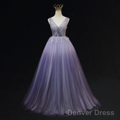 Light Purple Tulle Gradient Lace Applique Formal Dress, Beautiful Long Prom Dress