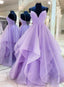 Light Purple Tulle Lace up Layers Long Prom Gowns, Shiny Tulle Junior Prom Dresses