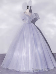 Light Purple Tulle Long Prom Dresses, Purple Tulle Formal Dresses