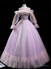 Light Purple Tulle Long Sleeve Appliques Pleats Feather Quinceanera Dress