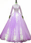 Light Purple Tulle Long Sleeves Applique Sweet 16 Gown, Beautiful Evening Dress Formal Dress