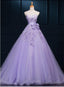 Light Purple Tulle Long Sweet 16 Dress with Bow, Lace Applique Purple Prom Dress