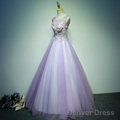 Light Purple Tulle Long Sweet 16 Formal Dress With Lace, Purple Prom Dress