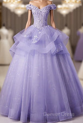 Light Purple Tulle With Lace Off Shoulder Sweet 16 Dresses, Light Purple Formal Dresses