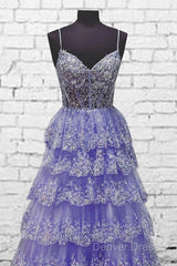 Light Purple V Neck Layered Lace Prom Dresses