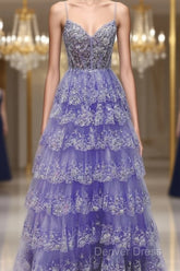 Light Purple V Neck Layered Lace Prom Dresses