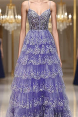 Light Purple V Neck Layered Lace Prom Dresses