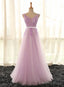 Light Purple V Neckline Long Prom Dress, Tulle Lace Applique Bridesmaid Dresses